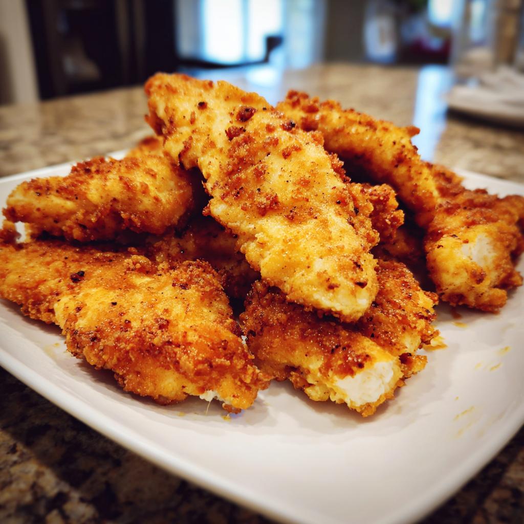 Pile of golden brown, crispy Air Fryer Chicken Tenders on a white plate, ready to eat.