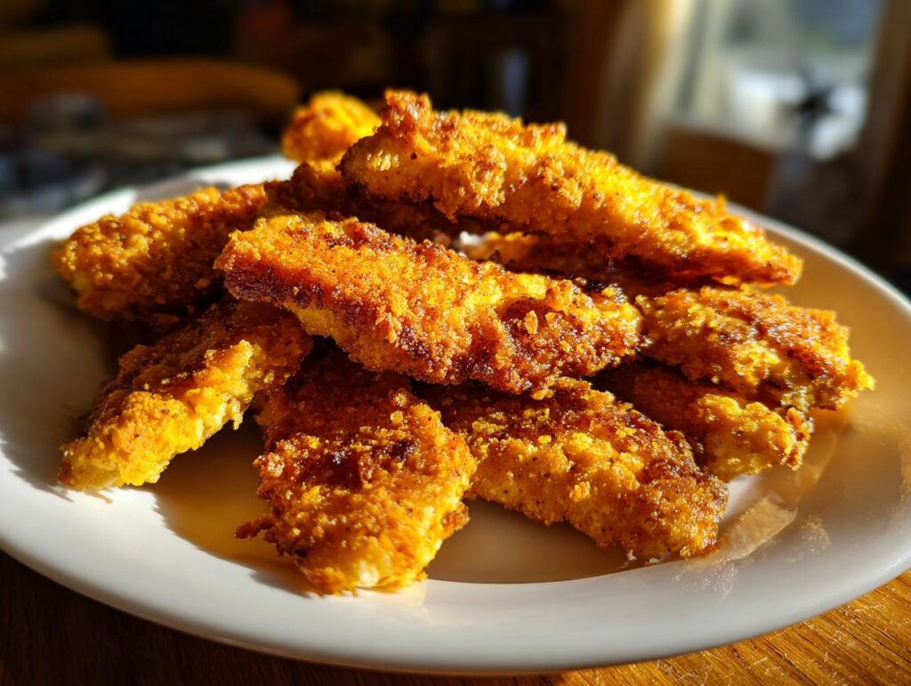 A plate of golden brown Air Fryer Chicken Tenders, cooked to crispy perfection.