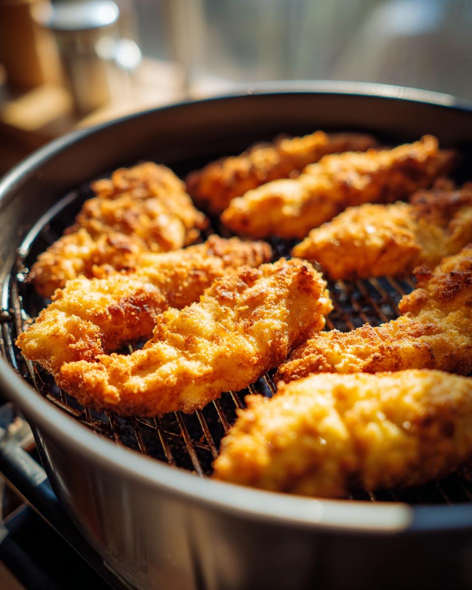 Crispy, golden Air Fryer Chicken Tenders Recipes fresh out of the air fryer, resting on the rack.