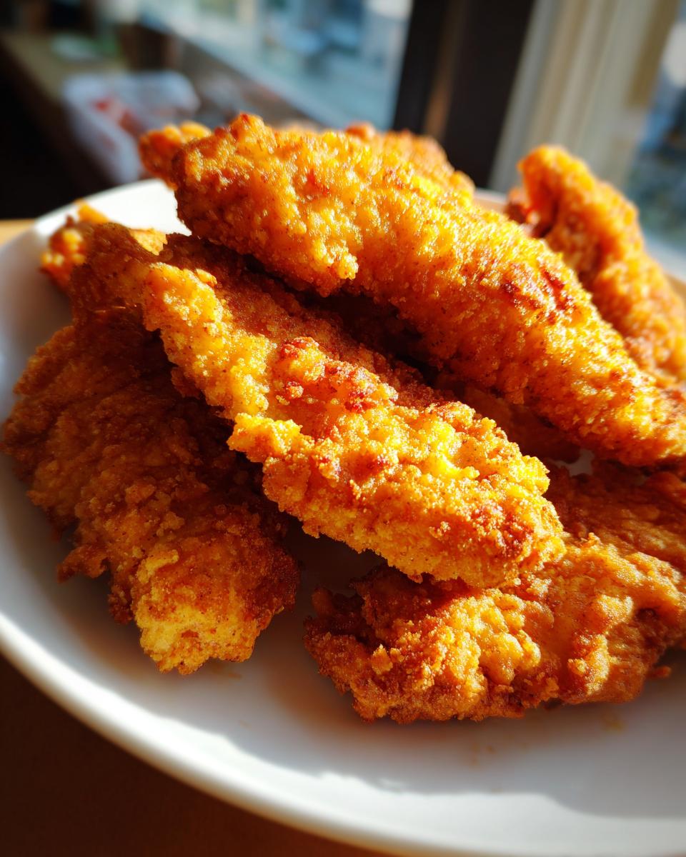 Close-up of golden brown Air Fryer Chicken Tenders piled on a white plate, showcasing their crispy texture.