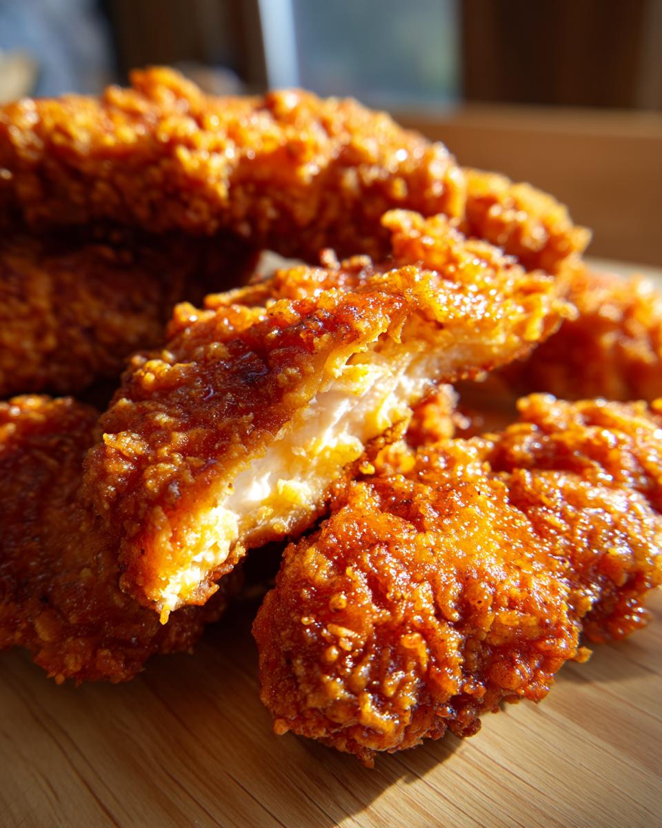 Close-up of golden brown Air Fryer Chicken Tenders, one broken open to show the juicy chicken inside.