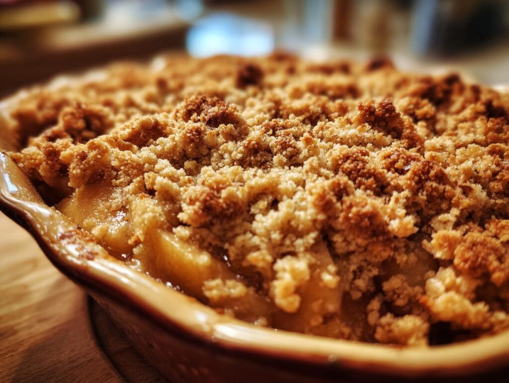 Close-up of a freshly baked apple crumble, a perfect addition to your fall baking ideas.