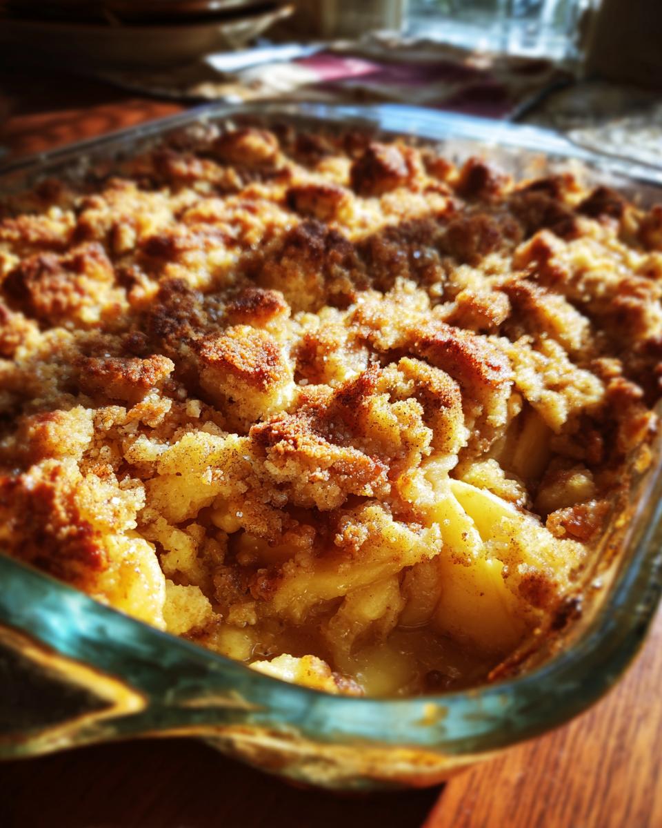 Close-up of a freshly baked apple crumble in a glass dish, perfect for fall baking ideas.
