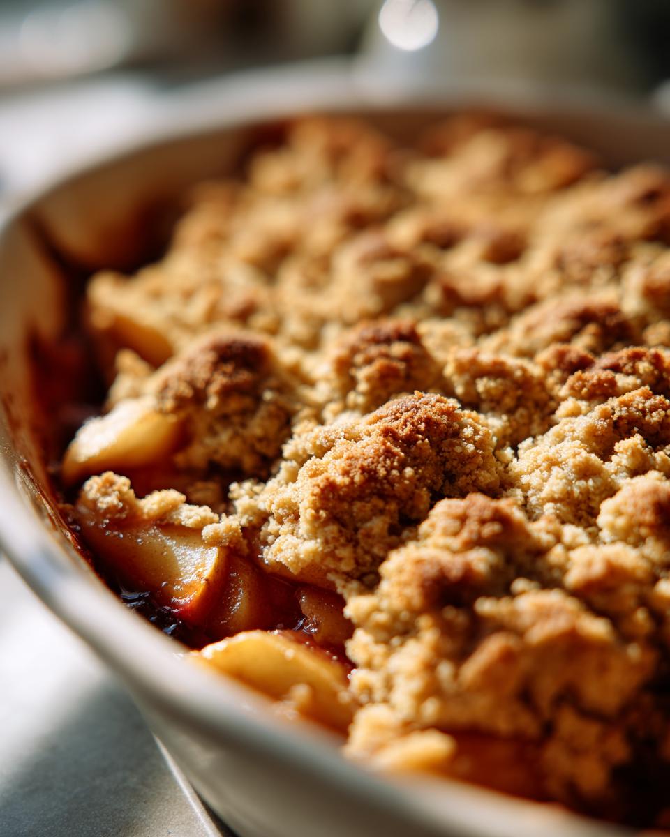 Close-up of a freshly baked apple crumble, showcasing a golden brown topping. Part of our fall baking ideas collection.