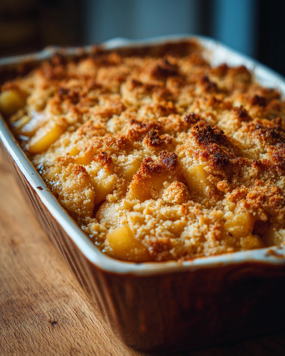 Freshly baked apple crumble in a ceramic dish, a delicious addition to your fall baking ideas.
