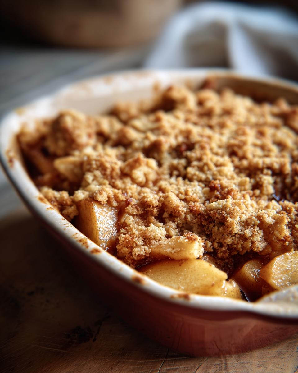 Close-up of a homemade apple crumble in a baking dish, featuring fall baking ideas.