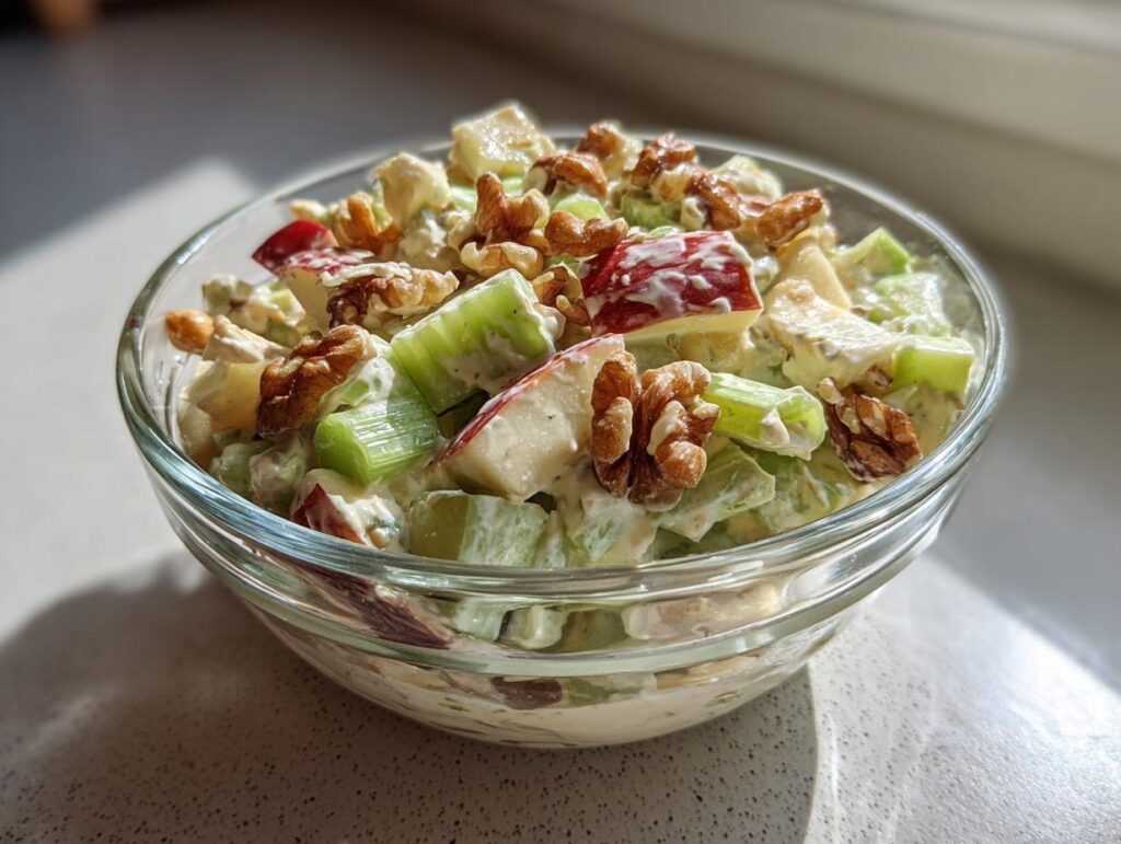 A glass bowl filled with apple salad créatives, featuring apples, celery, walnuts, and a creamy dressing.
