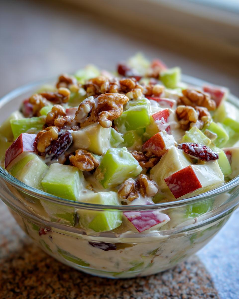 A glass bowl filled with Apple Salad Créatives, featuring apples, walnuts, and a creamy dressing.