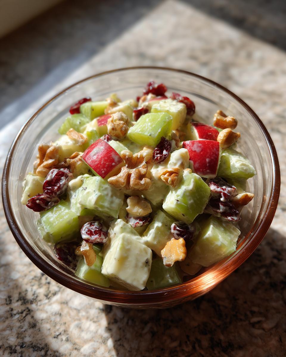 Close-up of Apple Salad Créatives in a glass bowl, featuring apples, celery, walnuts, and cranberries.