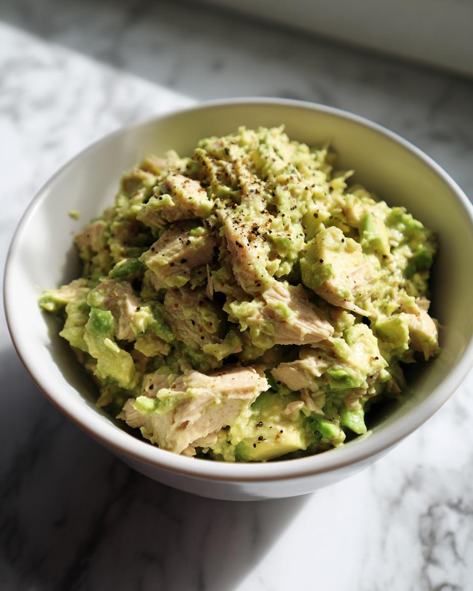 Close-up of a bowl filled with creamy Avocado Tuna Salad, seasoned with black pepper.