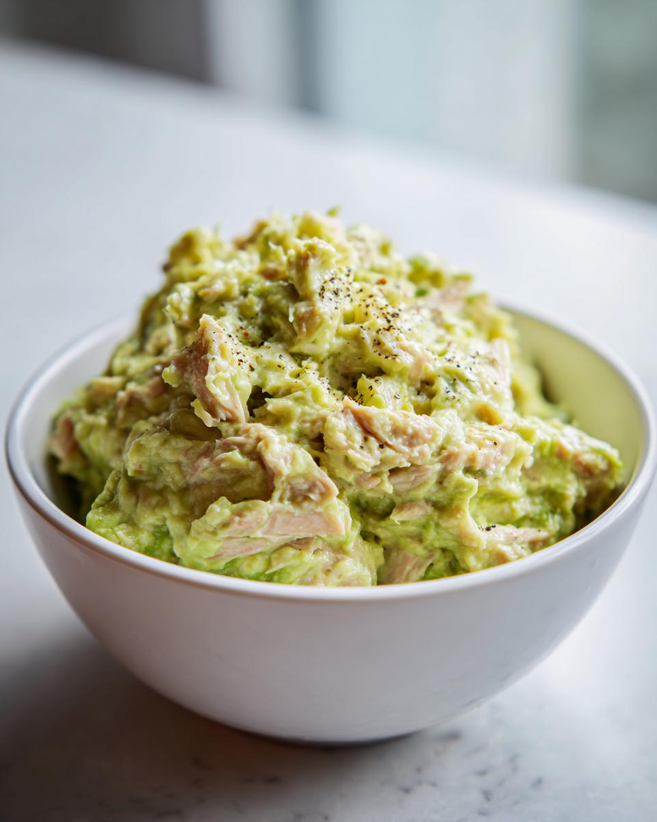Close-up of a white bowl filled with creamy Avocado Tuna Salad, sprinkled with black pepper.