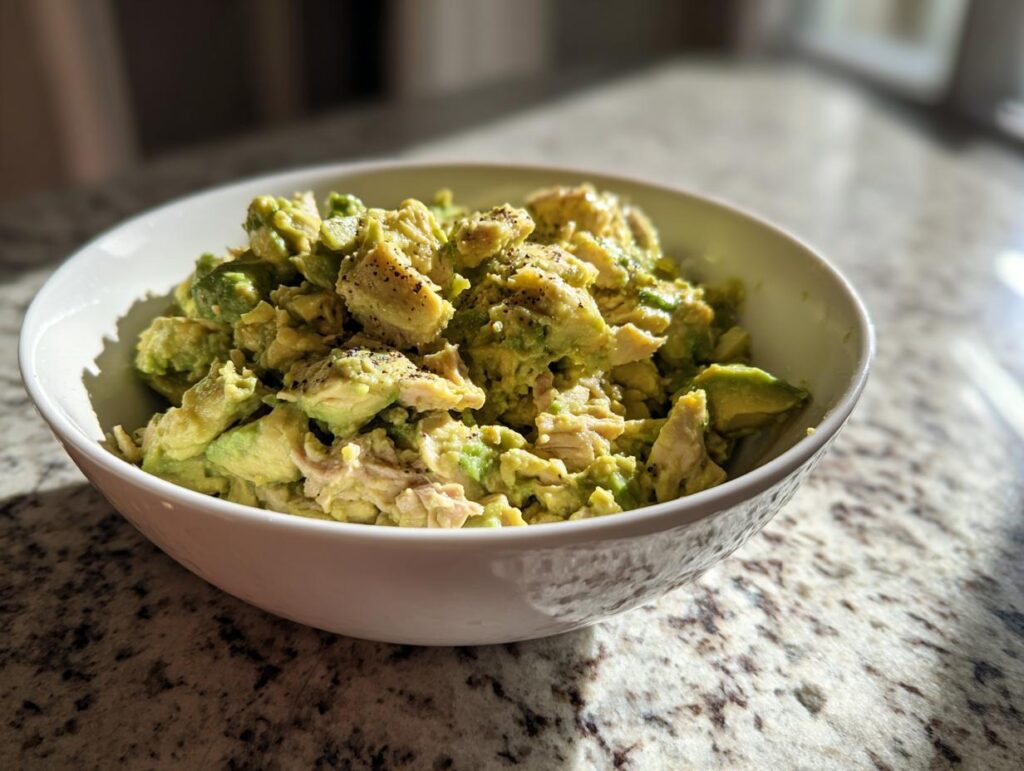 A bowl of creamy Avocado Tuna Salad, seasoned with black pepper, perfect for a quick lunch.