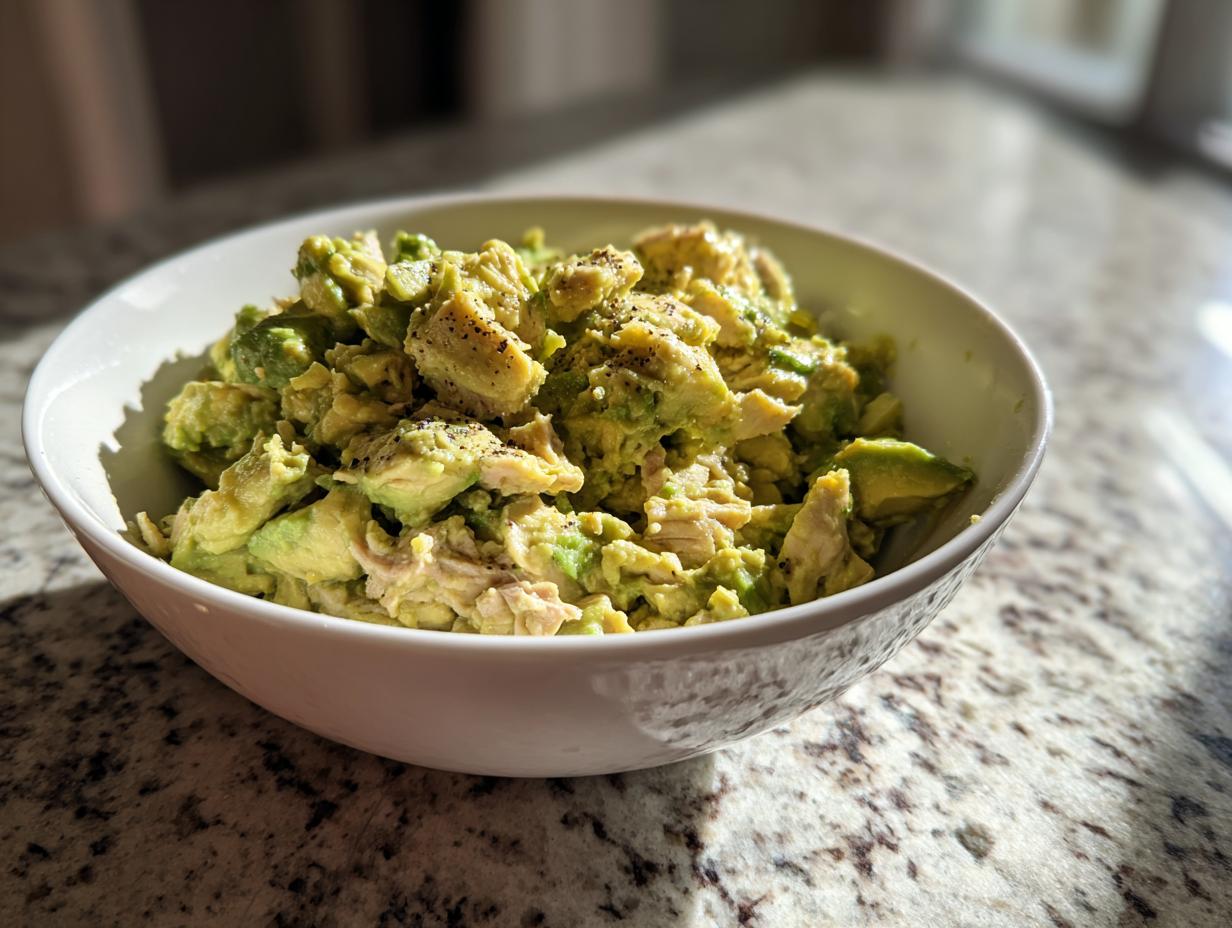 A bowl of creamy Avocado Tuna Salad, seasoned with black pepper, perfect for a quick lunch.