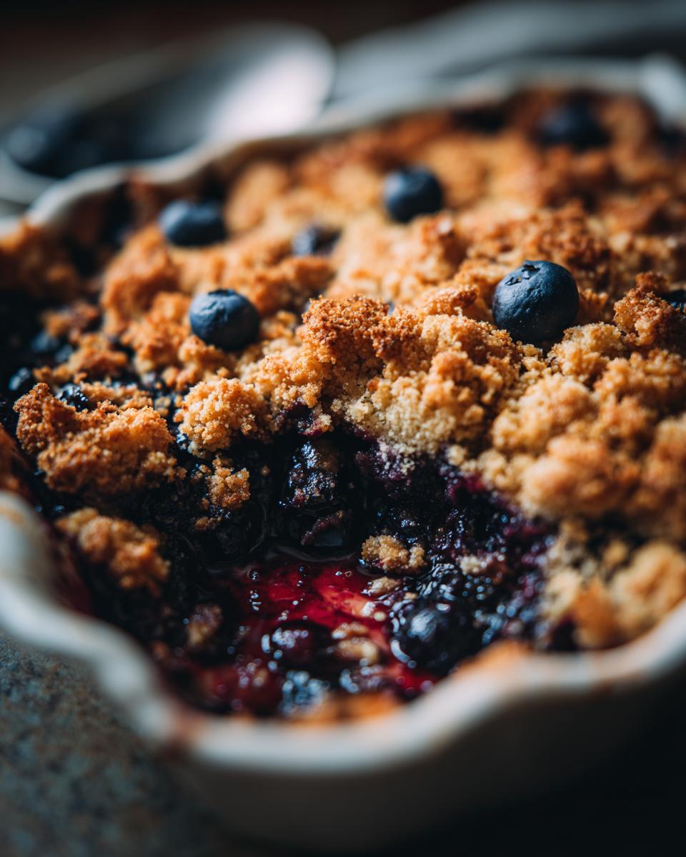 Close-up of a freshly baked blueberry dessert recipe with a golden crumble topping and juicy blueberries.