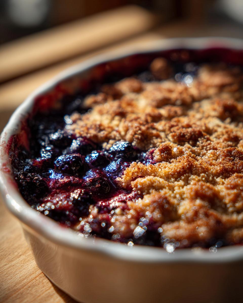 Close-up of a baked blueberry dessert with a golden crumble topping, part of blueberry dessert recipes.