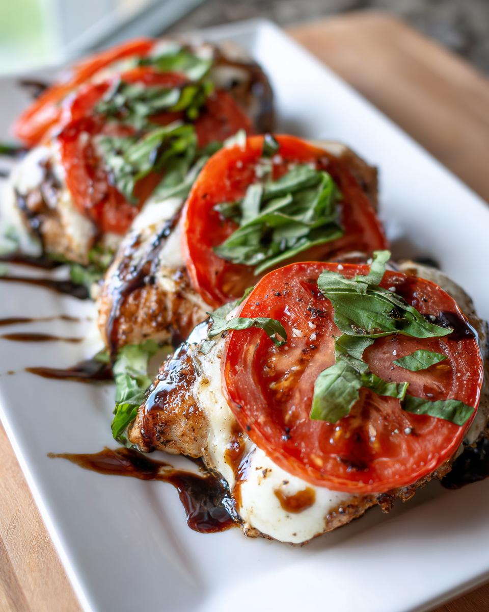 Close-up of three baked caprese chicken breasts topped with melted mozzarella, tomato slices, and fresh basil, drizzled with balsamic glaze.
