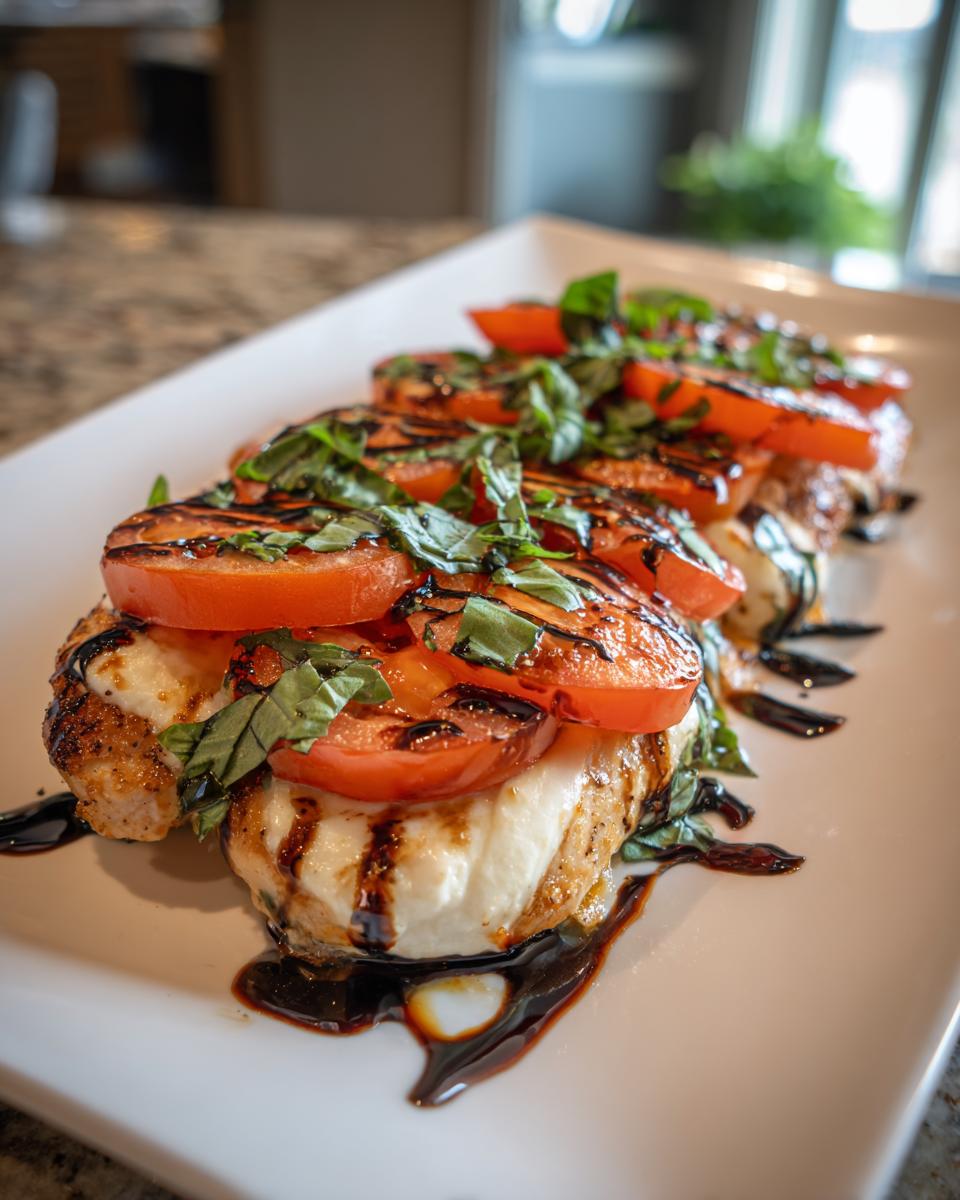 A close-up of baked Caprese chicken breast topped with fresh mozzarella, sliced tomatoes, basil, and balsamic glaze.