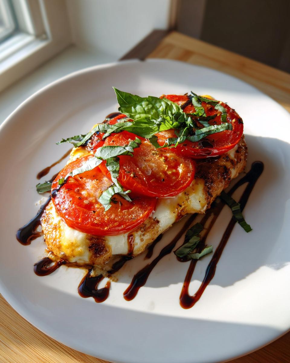 A delicious Baked Caprese Chicken breast topped with fresh mozzarella, sliced tomatoes, and basil, drizzled with balsamic glaze.