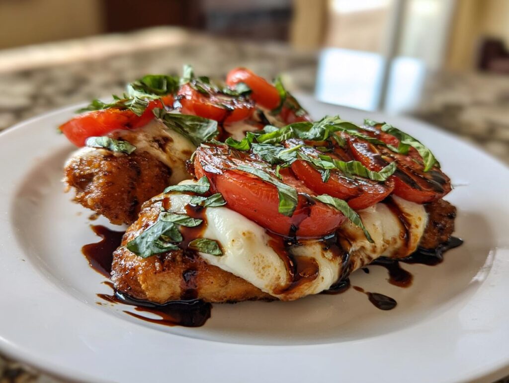 Close-up of baked caprese chicken breast topped with melted mozzarella, sliced tomatoes, fresh basil, and balsamic glaze.