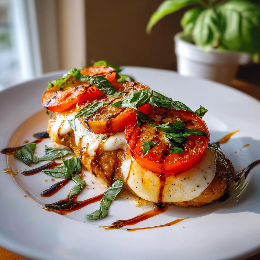 A close-up of a baked Caprese chicken breast topped with melted mozzarella, sliced tomatoes, and fresh basil, drizzled with balsamic glaze.