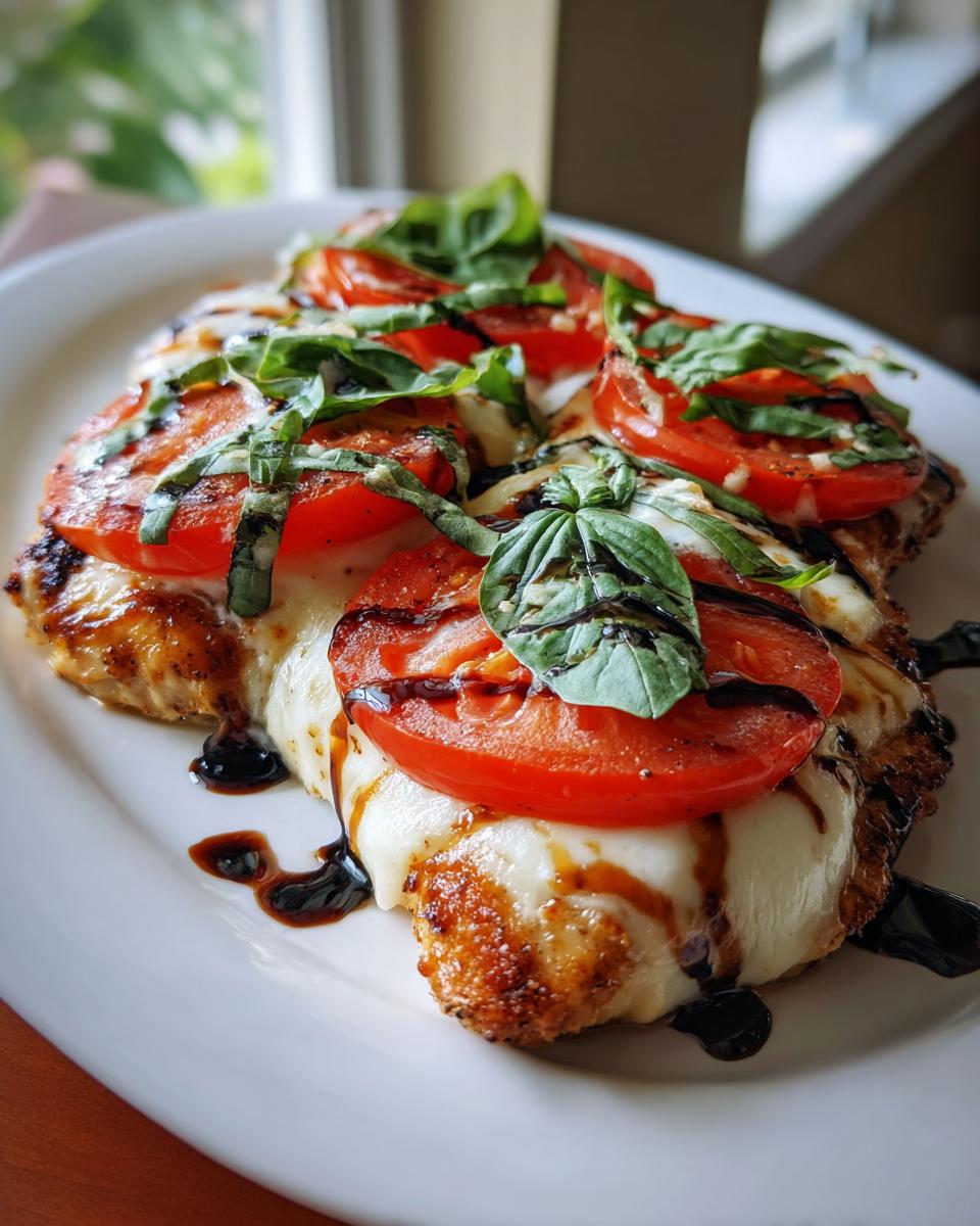 Close-up of baked caprese chicken breast topped with melted mozzarella, fresh tomato slices, and basil, drizzled with balsamic glaze.