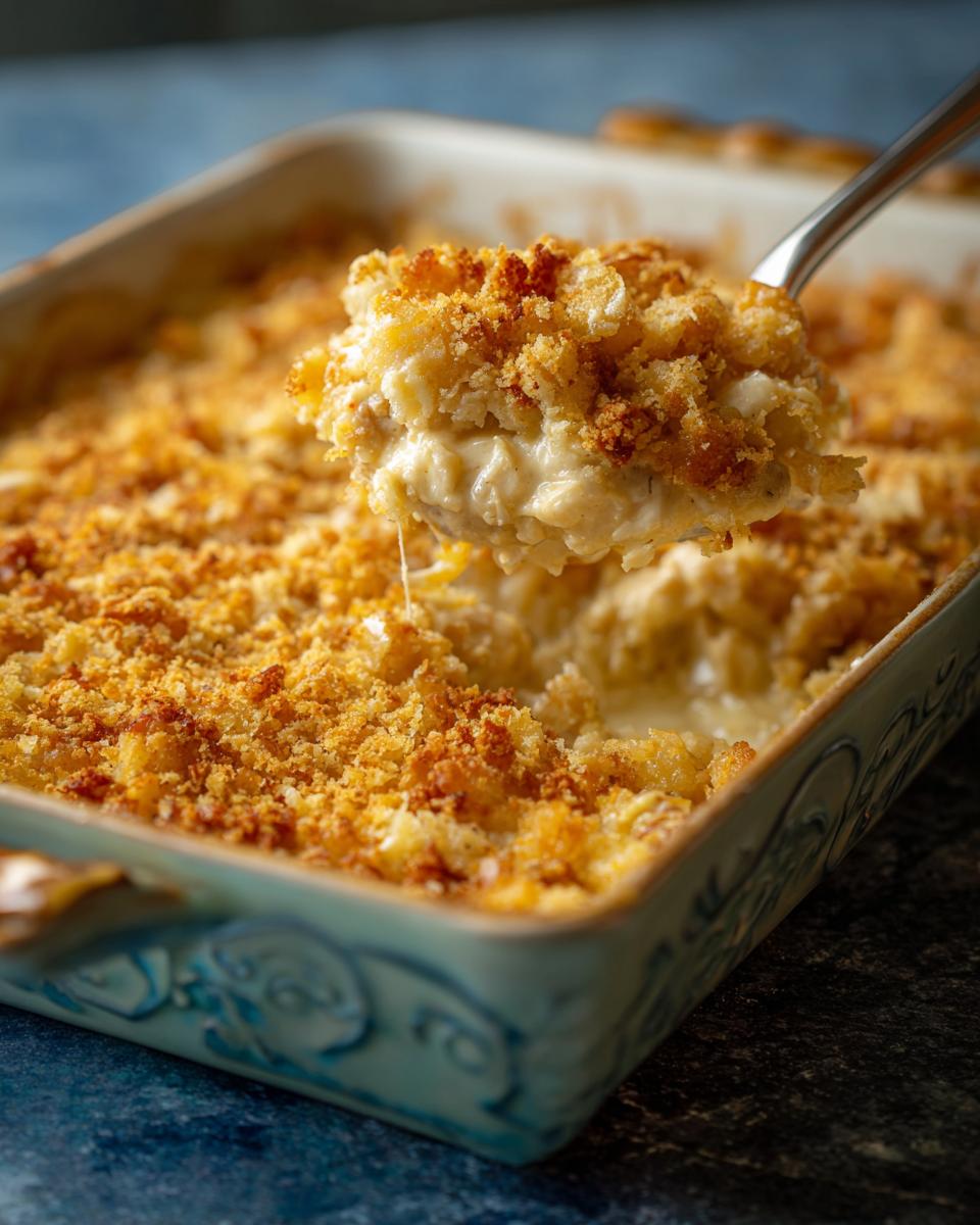 Spoon lifting a portion of cheesy baked casserole, a comforting family meal with a golden crust.
