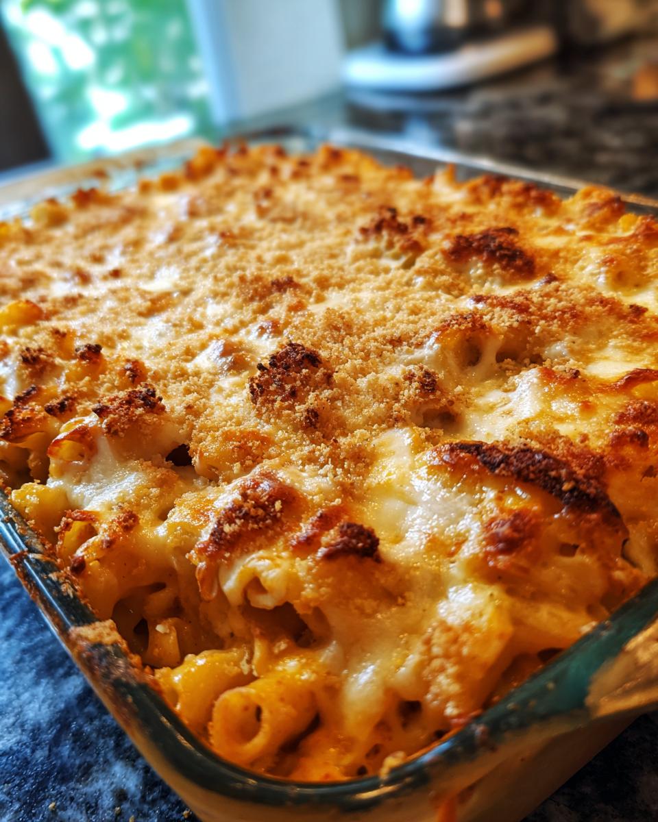 Close-up of baked cheesy pasta in a glass dish, topped with melted cheese and golden breadcrumbs.