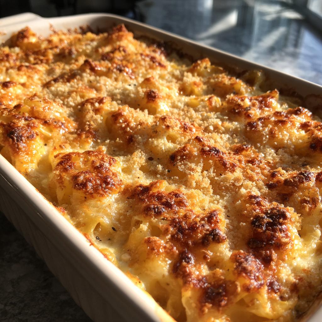 Close-up of a golden brown cheesy pasta bake with a crispy topping in a rectangular baking dish.