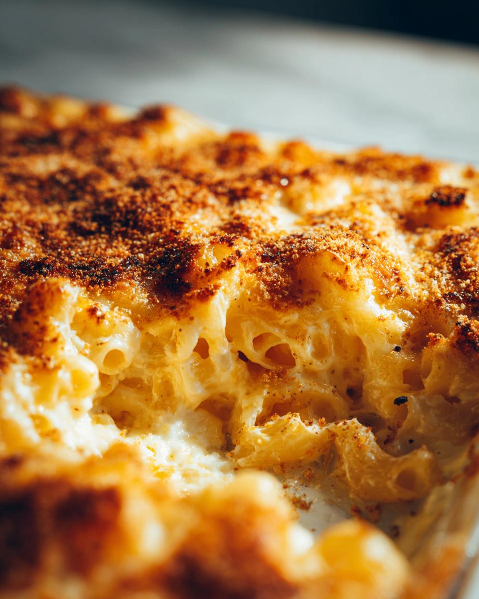 Close-up of baked cheesy pasta with a golden-brown, crispy topping in a glass baking dish.