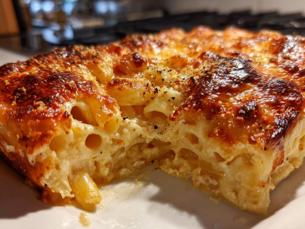 Close-up of a slice of baked cheesy pasta with a golden-brown crust and creamy interior.