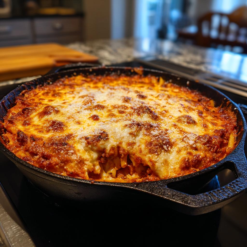Delicious baked pasta in a cast iron skillet, topped with melted cheese and a rich tomato sauce.
