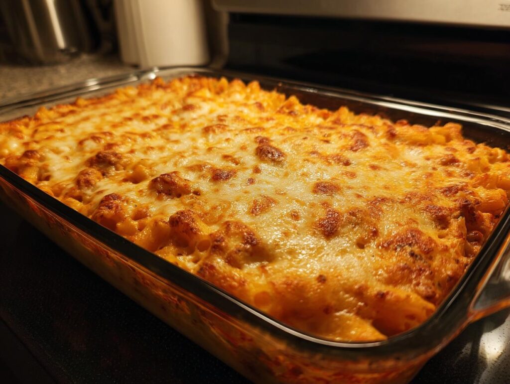 A glass baking dish filled with delicious baked pasta, topped with melted cheese.