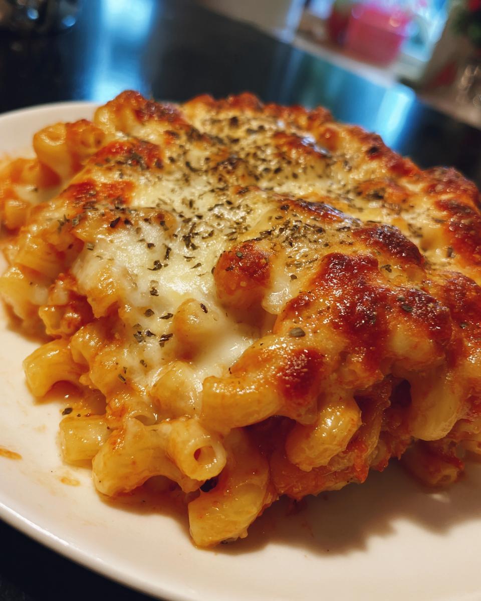Close-up of cheesy baked pasta with a golden crust and herb garnish, ready to serve.