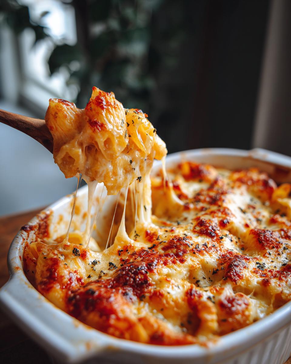 A spoonful of cheesy baked pasta is lifted from a casserole dish, showing melted cheese.