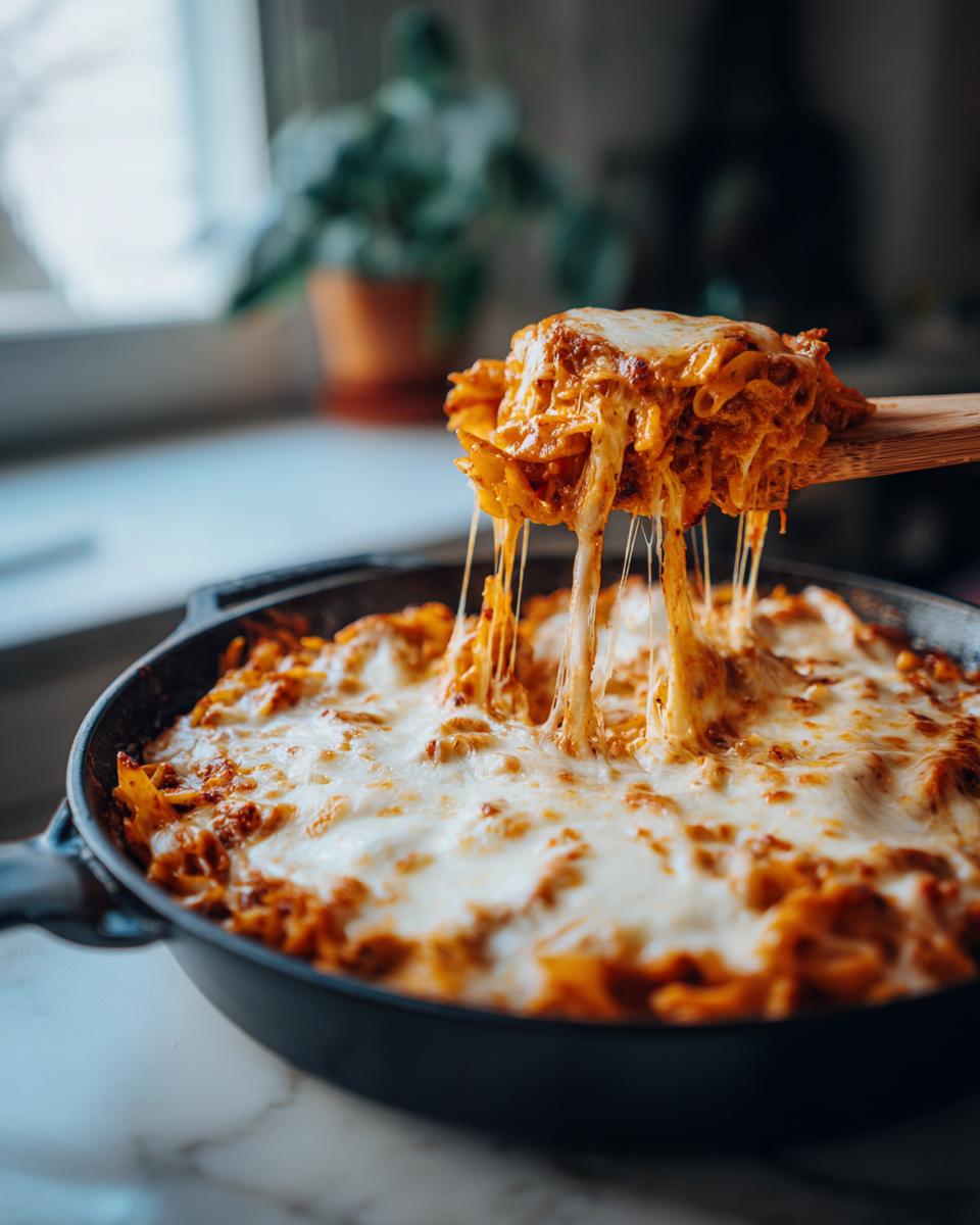 A wooden spoon lifts a portion of cheesy baked pasta from a skillet, showcasing the melted mozzarella.