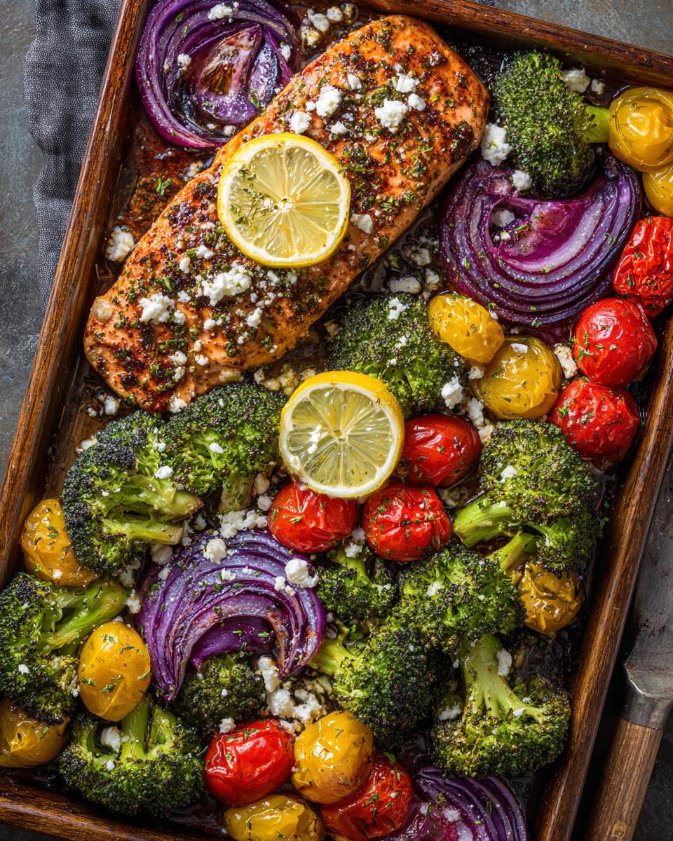 Baked salmon with broccoli, tomatoes, and red onion. One of many Easy Mediterranean Recipes for Weight Loss.