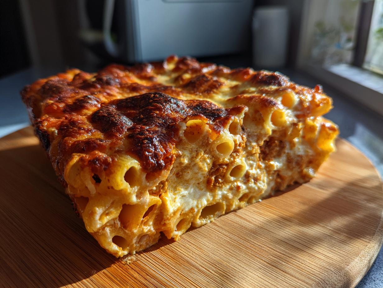 A close-up of a slice of cheesy Baked Ziti on a wooden board, showing layers of pasta and sauce.