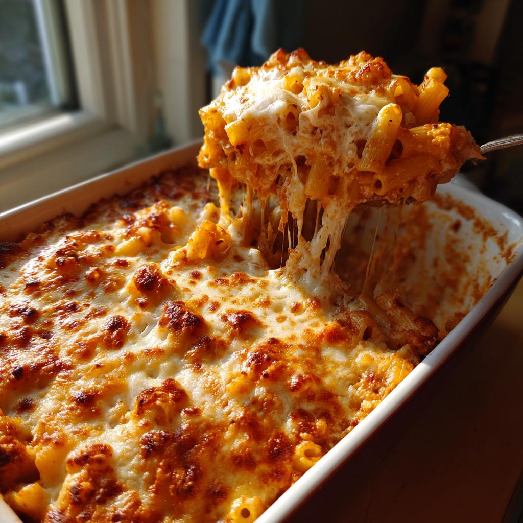 A serving of cheesy Baked Ziti is lifted from a baking pan, showing the melted cheese and pasta.