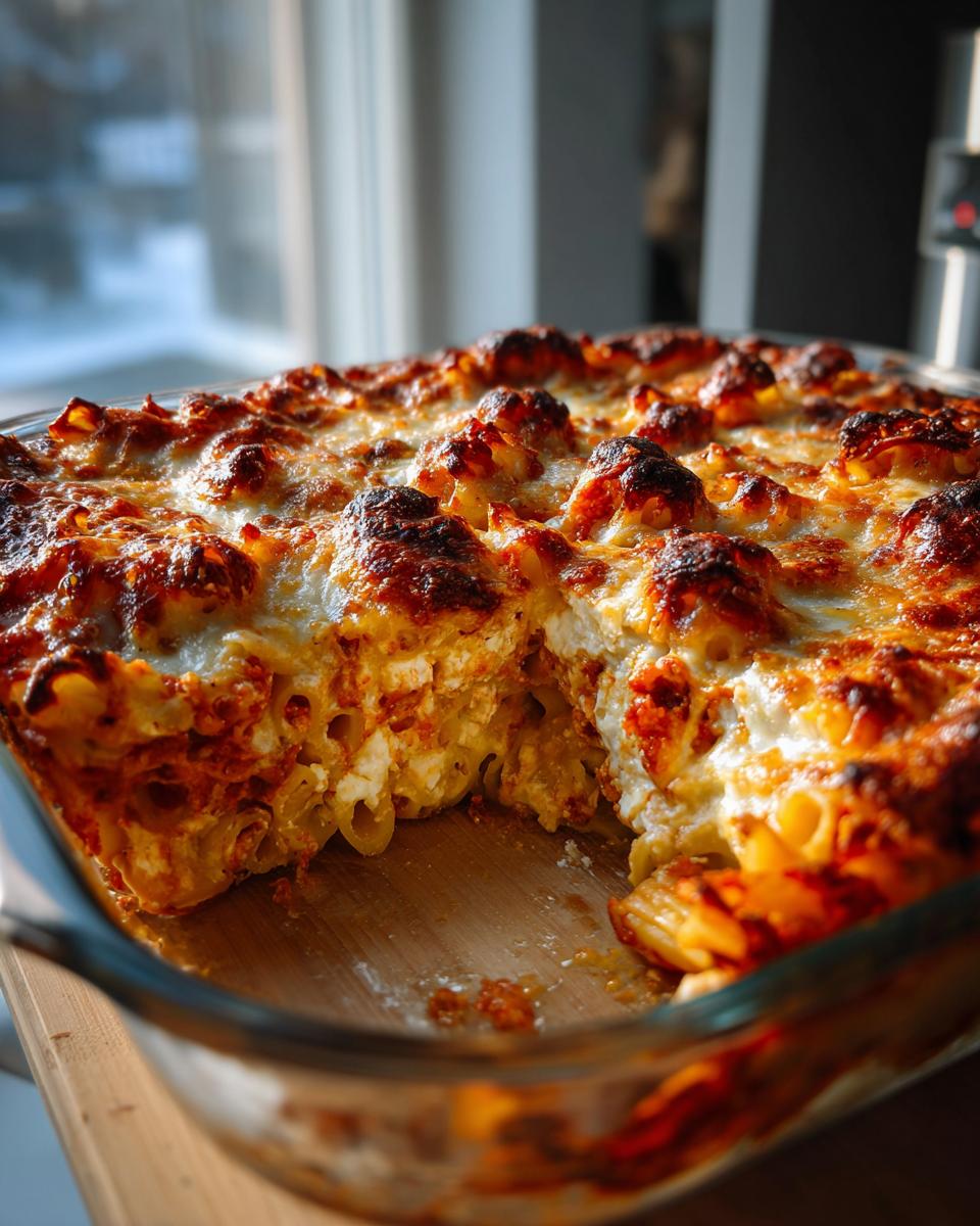 Close-up of a pan of baked ziti with a cheesy, golden-brown top, showing a portion removed.