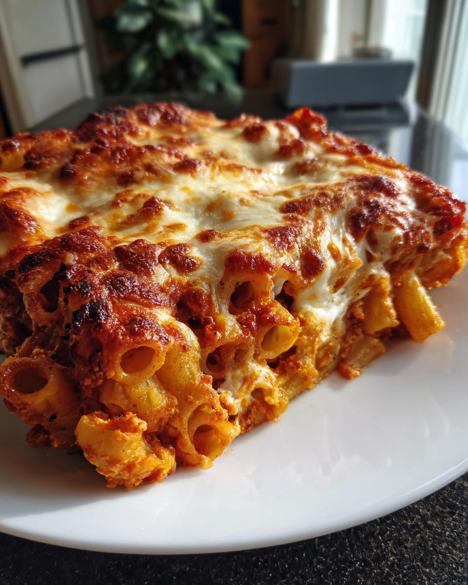 A delicious slice of Baked Ziti with melted cheese on a white plate, ready to eat.