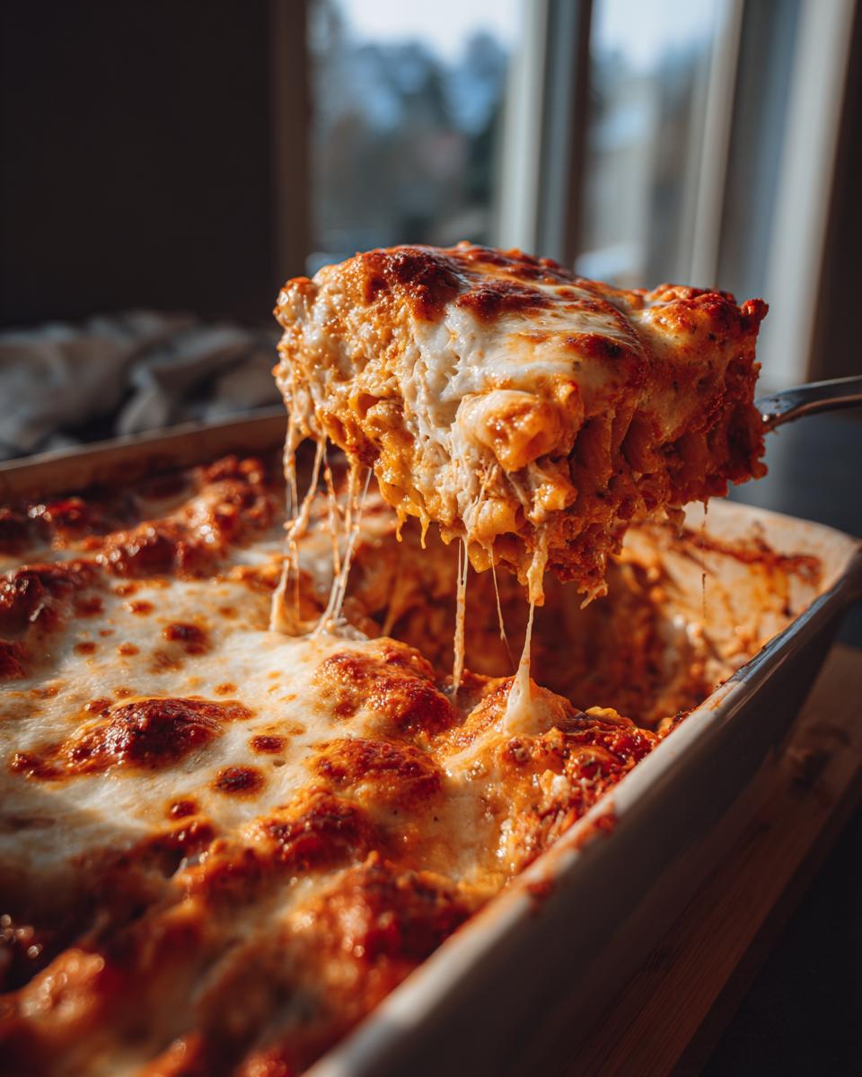 A slice of Baked Ziti is lifted from a casserole dish, showing melted cheese and pasta.