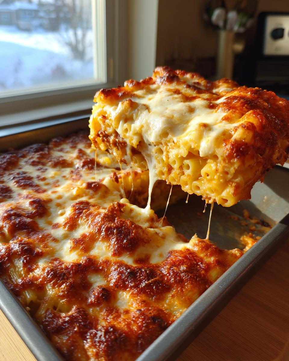 A slice of cheesy Baked Ziti being lifted from a pan, showing melted cheese and pasta layers.
