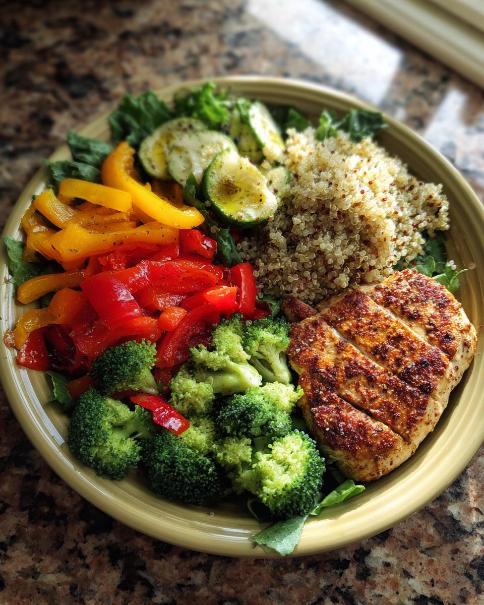 A balanced weight loss plate featuring grilled chicken, quinoa, broccoli, peppers, and zucchini.