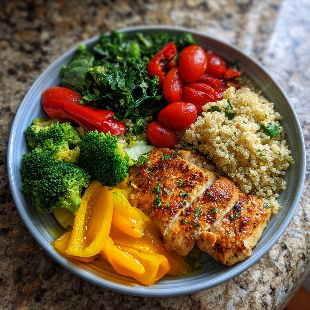 A balanced weight loss plate featuring grilled chicken, quinoa, broccoli, tomatoes, peppers, and kale.