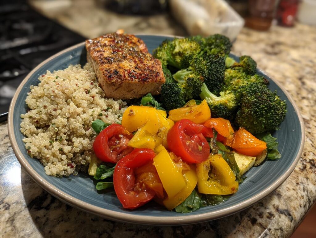 A balanced weight loss plate featuring salmon, quinoa, broccoli, and sauteed vegetables.
