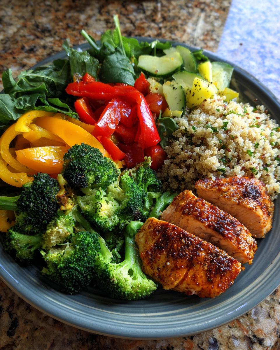 A balanced weight loss plate with grilled salmon, quinoa, broccoli, and colorful vegetables.