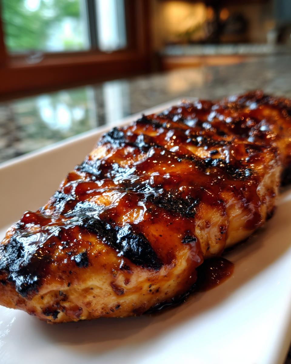 Close-up of a juicy BBQ chicken breast with grill marks, glazed with a rich sauce.