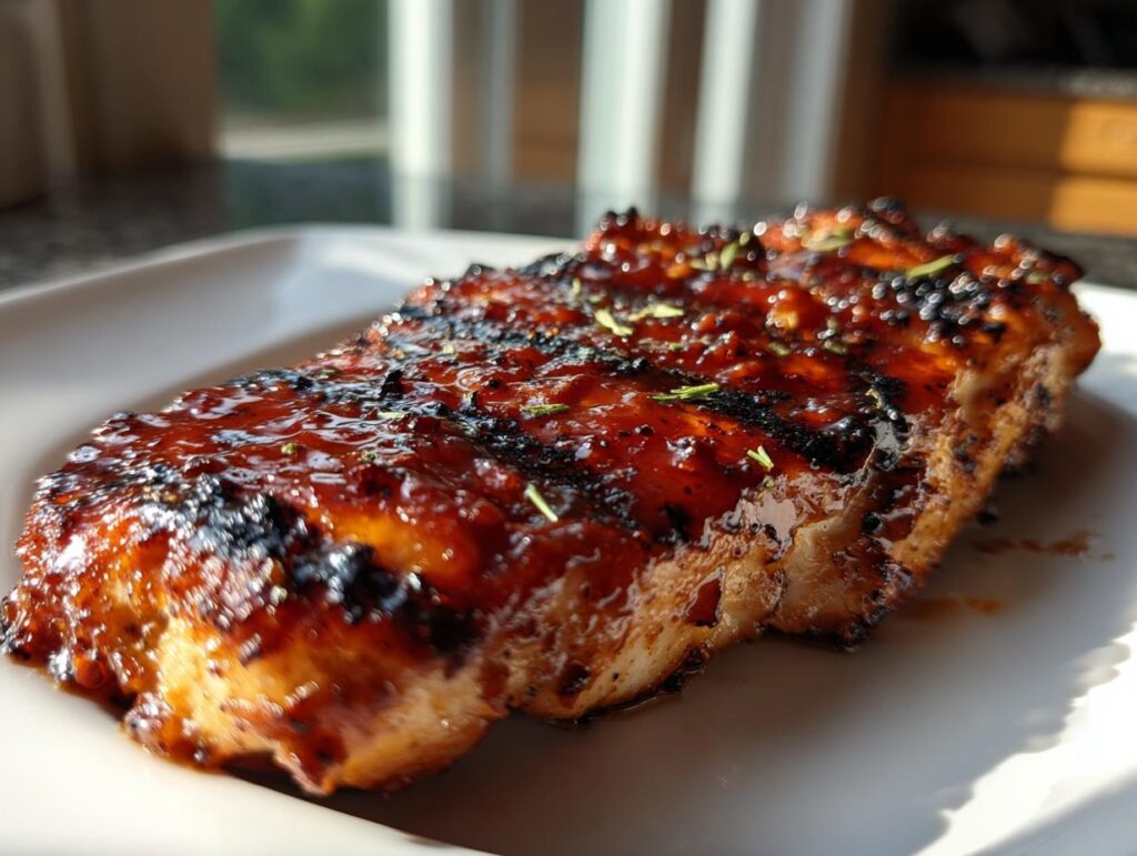Close-up of a glazed BBQ chicken breast on a white plate, showing grill marks and herb garnish.