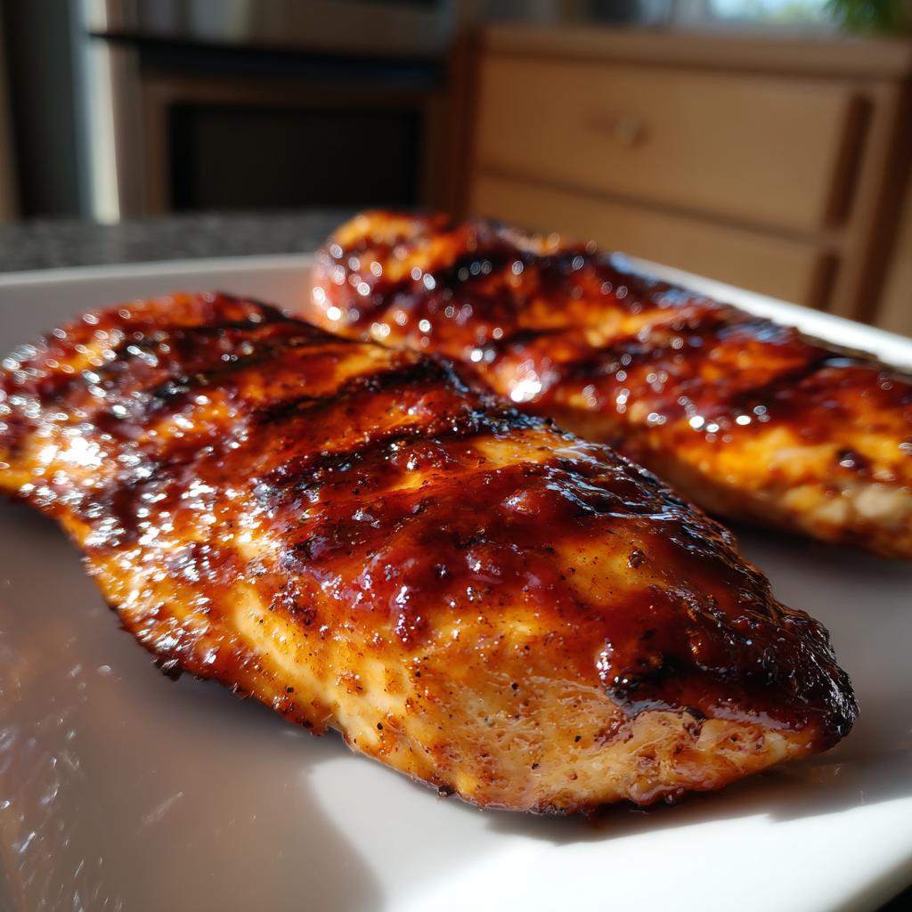Two juicy BBQ chicken breasts glazed with barbecue sauce on a white plate, ready to eat.