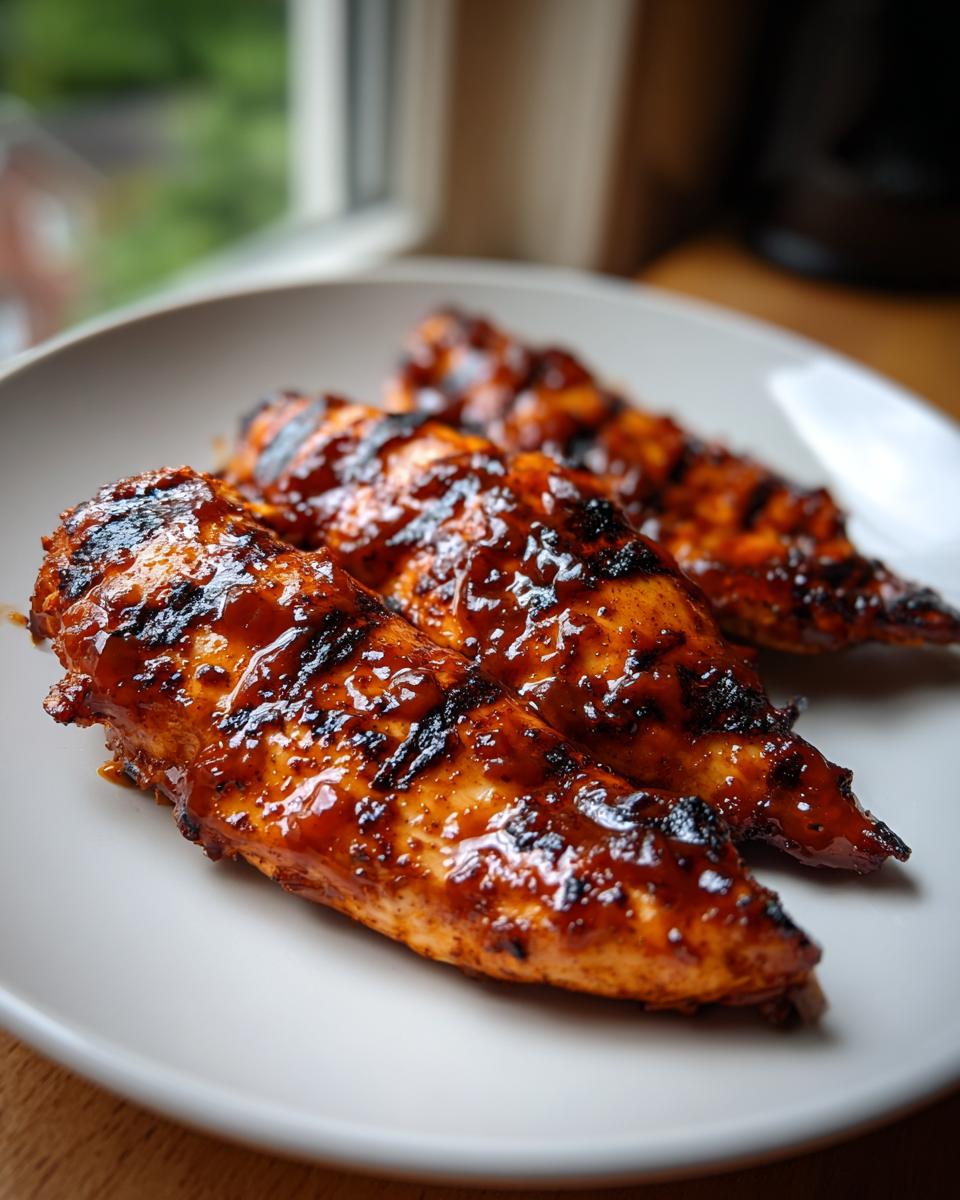 Three pieces of glazed BBQ chicken on a white plate, showing grill marks and a rich, glossy sauce.